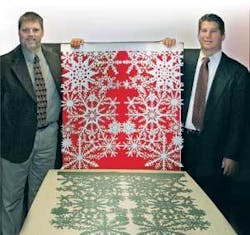 FIGURE 1. Ken Arvey (left), Preco Inc., and Joel Lombard (right), Laseredge Die-Free Converting, show a large format sheet that showcases the intricacies possible with die-free laser converting. FIGURE 1. Ken Arvey (left), Preco Inc., and Joel Lombard (right), Laseredge Die-Free Converting, show a large format sheet that showcases the intricacies possible with die-free laser converting.