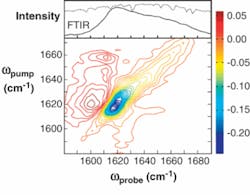 A 2-D mid-IR pulse shaper can be used to obtain improved infrared spectra of biological materials. A Fourier-transform infrared (FTIR) trace (top) is compared to a 2-D spectral plot of the fibrous structure of a polypeptide that is commonly involved with type-2 diabetes. A 2-D mid-IR pulse shaper can be used to obtain improved infrared spectra of biological materials. A Fourier-transform infrared (FTIR) trace (top) is compared to a 2-D spectral plot of the fibrous structure of a polypeptide that is commonly involved with type-2 diabetes.