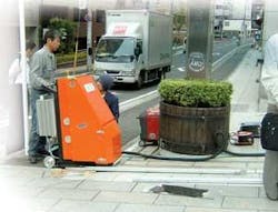 New device uses a CO2 laser to groove pavement to prevent slipping. New device uses a CO2 laser to groove pavement to prevent slipping.
