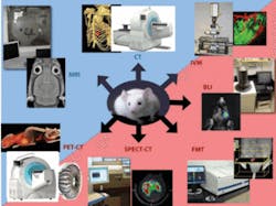 Figure 1. The MGH/Harvard Center for Molecular Imaging Research includes numerous tools in its Mouse Imaging Program: MR, PET, SPECT, CT, and the new fluorescence mediated tomography (FMT)—plus bioluminescence, various fluorescence imaging technologies, and intravital confocal microscopy. Figure 1. The MGH/Harvard Center for Molecular Imaging Research includes numerous tools in its Mouse Imaging Program: MR, PET, SPECT, CT, and the new fluorescence mediated tomography (FMT)—plus bioluminescence, various fluorescence imaging technologies, and intravital confocal microscopy.