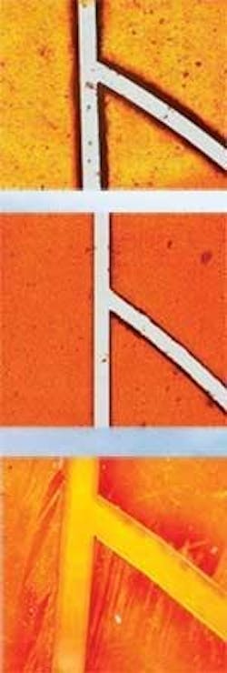 FIGURE 1. Kapton samples have been machined with (top) a 355nm 'long'-pulse laser, (center) a 266nm 'long'-pulse laser, and (bottom) a 355nm 'short'-pulse laser. FIGURE 1. Kapton samples have been machined with (top) a 355nm 'long'-pulse laser, (center) a 266nm 'long'-pulse laser, and (bottom) a 355nm 'short'-pulse laser.