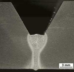 FIGURE 1. Hybrid welded root pass with 0mm gap, 6mm root face, and 60° included angle. FIGURE 1. Hybrid welded root pass with 0mm gap, 6mm root face, and 60° included angle.