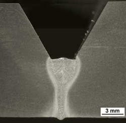 FIGURE 1. Hybrid welded root pass with 0mm gap, 6mm root face, and 60° included angle. FIGURE 1. Hybrid welded root pass with 0mm gap, 6mm root face, and 60° included angle.