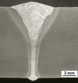 FIGURE 2. Fully welded seam, root pass hybrid welded, filler pass MAG-welded, gap 0.5mm, root face 10mm, and included angle 45°. FIGURE 2. Fully welded seam, root pass hybrid welded, filler pass MAG-welded, gap 0.5mm, root face 10mm, and included angle 45°.