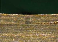 FIGURE 2. Cross section of fiber laser welded 0.008in-thick sheet welded at 10in/s. FIGURE 2. Cross section of fiber laser welded 0.008in-thick sheet welded at 10in/s.