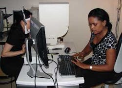 Figure 1. A doctor aligns INOVEO’s prototype adaptive-optics system with a patient’s eye to determine the retinal area to be imaged. Because the system’s infrared light source is invisible to the patient, no light-induced blinking will interfere with the quality of captured images. Figure 1. A doctor aligns INOVEO’s prototype adaptive-optics system with a patient’s eye to determine the retinal area to be imaged. Because the system’s infrared light source is invisible to the patient, no light-induced blinking will interfere with the quality of captured images.