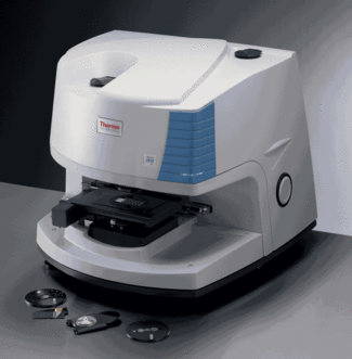 The Thermo Scientific Nicolet iN10 MX imaging microscope (top) provides very fast imaging with patent-pending Fourier-transform IR optics. It includes wizard-driven microscope operation and exclusive OMNIC Specta mixture analysis. The Tablet Wizard (bottom) extracts chemical information from the sample.