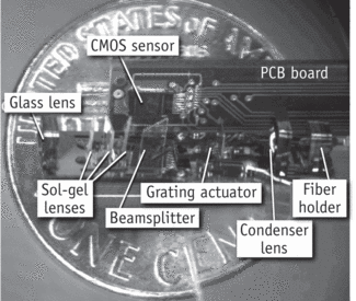 Figure 1. An integrated NA = 0.4 Multi-Modal-Miniature-Microscope (4M device) is roughly the size of a penny.
