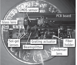 Figure 1. An integrated NA = 0.4 Multi-Modal-Miniature-Microscope (4M device) is roughly the size of a penny. Figure 1. An integrated NA = 0.4 Multi-Modal-Miniature-Microscope (4M device) is roughly the size of a penny.