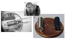 Figure 2. A variety of objectives were manufactured with high-precision, cost-efficient methods: an injection-molded plastic objective with an external system diameter of 8 mm (a, left), and a glass-plastic integrated objective (a, right), both with with NA of 1.0; and hydraulic suction lines connected to the latter (b). A 1.0 NA, 3.8-mm-diameter miniature objective assembled in hypodermic tubing with use of self-centering mounts (c, left) and a similar objective that was built using anodized metal components to reduce stray light within the system (c, right).