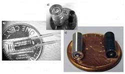 Figure 2. A variety of objectives were manufactured with high-precision, cost-efficient methods: an injection-molded plastic objective with an external system diameter of 8 mm (a, left), and a glass-plastic integrated objective (a, right), both with with NA of 1.0; and hydraulic suction lines connected to the latter (b). A 1.0 NA, 3.8-mm-diameter miniature objective assembled in hypodermic tubing with use of self-centering mounts (c, left) and a similar objective that was built using anodized metal components to reduce stray light within the system (c, right). Figure 2. A variety of objectives were manufactured with high-precision, cost-efficient methods: an injection-molded plastic objective with an external system diameter of 8 mm (a, left), and a glass-plastic integrated objective (a, right), both with with NA of 1.0; and hydraulic suction lines connected to the latter (b). A 1.0 NA, 3.8-mm-diameter miniature objective assembled in hypodermic tubing with use of self-centering mounts (c, left) and a similar objective that was built using anodized metal components to reduce stray light within the system (c, right).