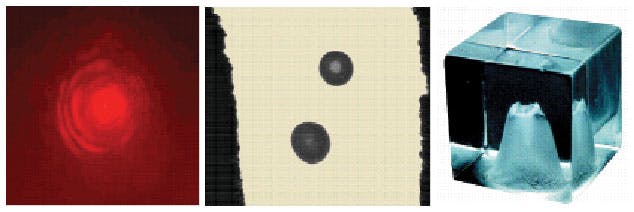 FIGURE 1. Nonelectronic methods for viewing laser-beam profiles include viewing a reflected spot from a wall (left), viewing the burn pattern from thermal paper (center), and viewing the burn pattern in an acrylic block (right).