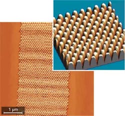 FIGURE 2. Regularly spaced nanopattern of quantum dots grown at the University of Illinois is shown in atomic-force microscope images. FIGURE 2. Regularly spaced nanopattern of quantum dots grown at the University of Illinois is shown in atomic-force microscope images.