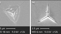 FIGURE 1. After indentation, a vacuum coating on plastic shows a brittle failure (top; a). Alternatively, no failure is seen after indentation using a vacuum-chamber-free liquid-polymer nanocomposite coating (top; b). The coatings can be tuned for either reflective or antireflective operation (bottom).