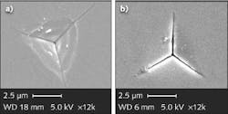 FIGURE 1. After indentation, a vacuum coating on plastic shows a brittle failure (top; a). Alternatively, no failure is seen after indentation using a vacuum-chamber-free liquid-polymer nanocomposite coating (top; b). The coatings can be tuned for either reflective or antireflective operation (bottom).