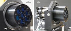 FIGURE 1. Phased array of laser emitters mounted on the surface of an aircraft would generate and steer a combined beam. The two views show the surface and a cutaway view. FIGURE 1. Phased array of laser emitters mounted on the surface of an aircraft would generate and steer a combined beam. The two views show the surface and a cutaway view.