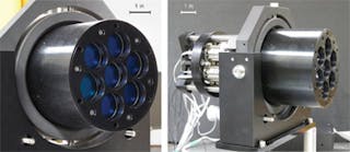 FIGURE 1. Phased array of laser emitters mounted on the surface of an aircraft would generate and steer a combined beam. The two views show the surface and a cutaway view.