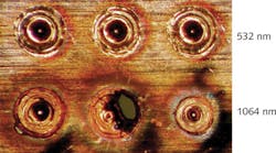 FIGURE 1. Typical spot welds on bare copper are large and irregular when using a 1064 nm Nd:YAG laser, but are much better controlled and uniform when using a 532 nm green Nd:YAG laser. FIGURE 1. Typical spot welds on bare copper are large and irregular when using a 1064 nm Nd:YAG laser, but are much better controlled and uniform when using a 532 nm green Nd:YAG laser.