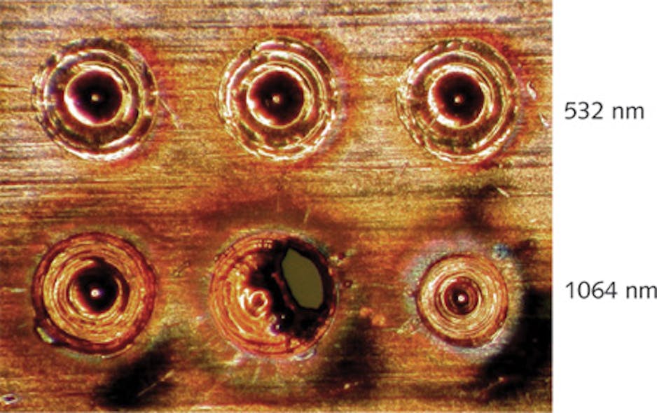 FIGURE 1. Typical spot welds on bare copper are large and irregular when using a 1064 nm Nd:YAG laser, but are much better controlled and uniform when using a 532 nm green Nd:YAG laser.