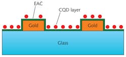 FIGURE 1. A tunable colloidal quantum-dot photo field-effect transistor includes gold electrodes on glass, a layer of aluminum-doped zinc oxide (AZO) serving as an electron-accepting channel (EAC), and a submonolayer of colloidal quantum dots (CQDs). Incident light causes dissociation of electrons at the AZO/CQD interface, which are harvested by applying a voltage across the electrodes. FIGURE 1. A tunable colloidal quantum-dot photo field-effect transistor includes gold electrodes on glass, a layer of aluminum-doped zinc oxide (AZO) serving as an electron-accepting channel (EAC), and a submonolayer of colloidal quantum dots (CQDs). Incident light causes dissociation of electrons at the AZO/CQD interface, which are harvested by applying a voltage across the electrodes.