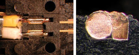 FIGURE 2. A small seam weld is made between a gold-plated copper connector of rectangular cross-section and a 0.016-in.-diameter cylindrical silver-plated copper wire (left). A cross-sectional view of the laser microweld shows a uniform weld seam.