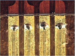 FIGURE 3. A 0.008-in.-thick copper flat wire is laser-welded to a 0.008-in.-thick copper lead frame. FIGURE 3. A 0.008-in.-thick copper flat wire is laser-welded to a 0.008-in.-thick copper lead frame.