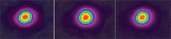 FIGURE 2. The intensity profile of the combined beam (right) is intermediate between the profiles of the individual fiber-amplifier outputs (left and center). FIGURE 2. The intensity profile of the combined beam (right) is intermediate between the profiles of the individual fiber-amplifier outputs (left and center).