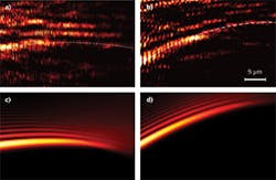 The trajectory of plasmonic Airy beams (PABs) can be manipulated by changing the angle of incidence of the light in the test setup. Experimental results show a PAB created with a 7&ordm; incident angle (a) and a 28&ordm; incident angle (b). The lower images are the corresponding numerical simulations (c) and (d), respectively. Scale bar is 5 &micro;m.