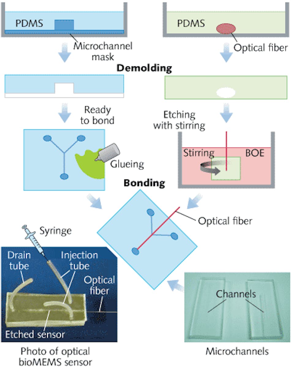 FIGURE 1. A schematic shows the steps used to create an integrated fiber Bragg grating (FBG)-based biosensor.