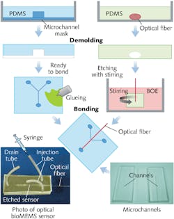 FIGURE 1. A schematic shows the steps used to create an integrated fiber Bragg grating (FBG)-based biosensor. FIGURE 1. A schematic shows the steps used to create an integrated fiber Bragg grating (FBG)-based biosensor.