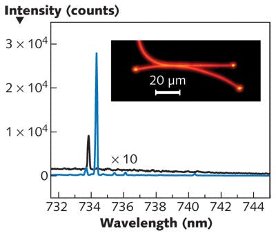 FIGURE 5. An X-wire nanolaser produces singlemode output (vestigial modes magnified by 10X for clarity). A photoluminescence image (inset) reveals the laser&rsquo;s structure.
