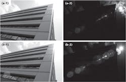 FIGURE 6. Low-index antireflection (AR) coatings containing porous fluoride nanoparticle layers designed for AR performance in the visible region also work well in the IR. Visible performance for a lens using the nanoparticle coating (a-1) is compared to that for a lens using conventional coating (b-1); IR performance for the same lens with nanoparticle coating (a-2) is compared to that for the lens with conventional coating (b-2). FIGURE 6. Low-index antireflection (AR) coatings containing porous fluoride nanoparticle layers designed for AR performance in the visible region also work well in the IR. Visible performance for a lens using the nanoparticle coating (a-1) is compared to that for a lens using conventional coating (b-1); IR performance for the same lens with nanoparticle coating (a-2) is compared to that for the lens with conventional coating (b-2).