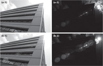 FIGURE 6. Low-index antireflection (AR) coatings containing porous fluoride nanoparticle layers designed for AR performance in the visible region also work well in the IR. Visible performance for a lens using the nanoparticle coating (a-1) is compared to that for a lens using conventional coating (b-1); IR performance for the same lens with nanoparticle coating (a-2) is compared to that for the lens with conventional coating (b-2).