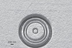 FIGURE 7. A four-ring surface-plasmon lens is fabricated in a 100-nm-thick gold layer deposited on the end of an optical fiber. FIGURE 7. A four-ring surface-plasmon lens is fabricated in a 100-nm-thick gold layer deposited on the end of an optical fiber.