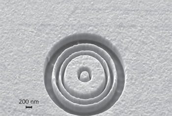 FIGURE 7. A four-ring surface-plasmon lens is fabricated in a 100-nm-thick gold layer deposited on the end of an optical fiber.