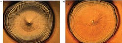FIGURE 3. a) A standard 10 ms square pulse and b) a 10 ms Eglise pulse shape with 8 ms tail are shown. The lack of frozen-in concentric ripples and reduced piping in the center of the single-shot spot weld shown in (b) suggest more damping during the solidification process.