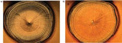 FIGURE 3. a) A standard 10 ms square pulse and b) a 10 ms Eglise pulse shape with 8 ms tail are shown. The lack of frozen-in concentric ripples and reduced piping in the center of the single-shot spot weld shown in (b) suggest more damping during the solidification process. FIGURE 3. a) A standard 10 ms square pulse and b) a 10 ms Eglise pulse shape with 8 ms tail are shown. The lack of frozen-in concentric ripples and reduced piping in the center of the single-shot spot weld shown in (b) suggest more damping during the solidification process.