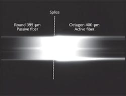 FIGURE 2. Passive fibers with clad diameters of 395 &micro;m spliced to active octagon-shaped fiber with clad diameters of 400 &micro;m improve the coupling of the pump power into the active fiber.