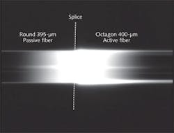 FIGURE 2. Passive fibers with clad diameters of 395 µm spliced to active octagon-shaped fiber with clad diameters of 400 µm improve the coupling of the pump power into the active fiber. FIGURE 2. Passive fibers with clad diameters of 395 µm spliced to active octagon-shaped fiber with clad diameters of 400 µm improve the coupling of the pump power into the active fiber.