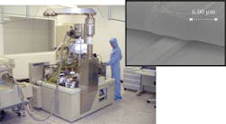 FIGURE 2. A 100 kV electron-beam lithography system is used for the fabrication of laterally coupled DFB laser diodes, which have a metal grating structure and a thick gold layer (inset).