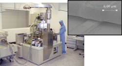 FIGURE 2. A 100 kV electron-beam lithography system is used for the fabrication of laterally coupled DFB laser diodes, which have a metal grating structure and a thick gold layer (inset). FIGURE 2. A 100 kV electron-beam lithography system is used for the fabrication of laterally coupled DFB laser diodes, which have a metal grating structure and a thick gold layer (inset).