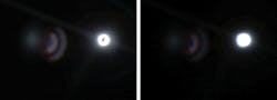FIGURE 1. Two images have different stray-light amounts and corresponding average intensities per pixel. The first, with default gamma, has an average intensity per pixel of 12.201 (left); the second, with linear gamma, has an average intensity per pixel of 6.139 (right).
