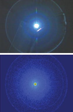 FIGURE 2. An unexpected halo appears in the original VGA WLC image (top). A simulation using partially transparent chrome reproduces the halo (bottom). FIGURE 2. An unexpected halo appears in the original VGA WLC image (top). A simulation using partially transparent chrome reproduces the halo (bottom).