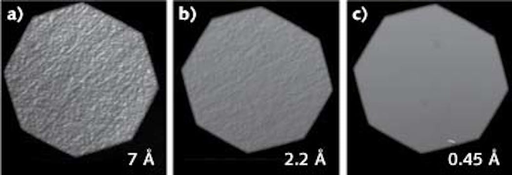 FIGURE 3. Micro-interferometric images show surface roughness for several common glass substrates used in the manufacture of dielectric mirrors: double-sided polished fused-silica substrate (left); CP-polished fused-silica substrate (center); and super-polished fused-silica substrate (right). Measured RMS roughness values are noted in the lower right corner of each image.