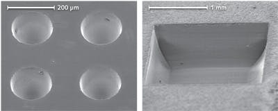 FIGURE 2. Ultrafast pulse micromachining of glass. a) 440 &mu;m holes drilled in glass with 10 &mu;J pulses at 355 nm. b) 2 mm square area in Pyrex milled with 355 nm pulses.