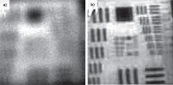 FIGURE 5. USAF resolution chart observed at a 2 km distance is used to illustrate the resolution gain obtained by combining adaptive optics and multiplexed imaging in an experiment through conditions of medium turbulence: Raw image (a) and image reconstructed using multiframe processing based on the projections on convex sets (b). FIGURE 5. USAF resolution chart observed at a 2 km distance is used to illustrate the resolution gain obtained by combining adaptive optics and multiplexed imaging in an experiment through conditions of medium turbulence: Raw image (a) and image reconstructed using multiframe processing based on the projections on convex sets (b).