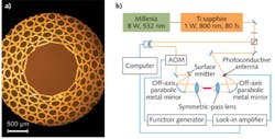 FIGURE 1. A micrograph of a Kagome PMMA fiber shows its lattice structure and hollow core (a). The terahertz-TDS setup (b) used to characterize the fiber section (magenta color) includes an acousto-optic modulator (AOM), two off-axis parabolic metal mirrors (OAPMs), a photoconductive antenna (PCA), and a symmetric-pass (S-P) lens. FIGURE 1. A micrograph of a Kagome PMMA fiber shows its lattice structure and hollow core (a). The terahertz-TDS setup (b) used to characterize the fiber section (magenta color) includes an acousto-optic modulator (AOM), two off-axis parabolic metal mirrors (OAPMs), a photoconductive antenna (PCA), and a symmetric-pass (S-P) lens.