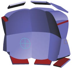 FIGURE 3. A schematic 3D view shows an HMD formed by six FFS prism eyepieces tiled at their side and bottom surfaces. FIGURE 3. A schematic 3D view shows an HMD formed by six FFS prism eyepieces tiled at their side and bottom surfaces.
