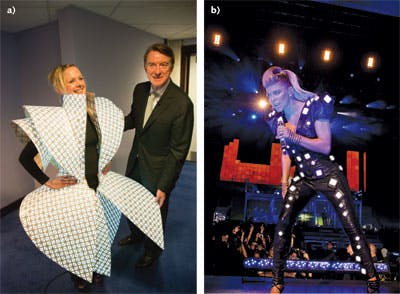 FIGURE 2. Although aesthetically interesting, designer Gareth Pugh&apos;s dress with integrated electroluminescent panels (a; Courtesy of UK Department for Business, Innovation and Skills) and a garment with OLEDs worn by Fergie from the Black Eyed Peas during a 2011 concert (b; Courtesy of Studio XO) clearly show some of the challenges with OLED-based wearable photonics.