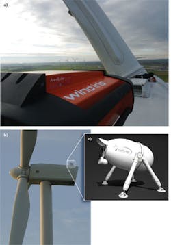FIGURE 3. Nacelle-mounted Wind Iris (a; Courtesy of Avent Lidar Technology) and Vindicator (b and c; Courtesy of Catch the Wind) are pulsed-Doppler lidar systems that use a pulsed source and fixed-optics design to gather wind speed and direction at multiple ranges. FIGURE 3. Nacelle-mounted Wind Iris (a; Courtesy of Avent Lidar Technology) and Vindicator (b and c; Courtesy of Catch the Wind) are pulsed-Doppler lidar systems that use a pulsed source and fixed-optics design to gather wind speed and direction at multiple ranges.